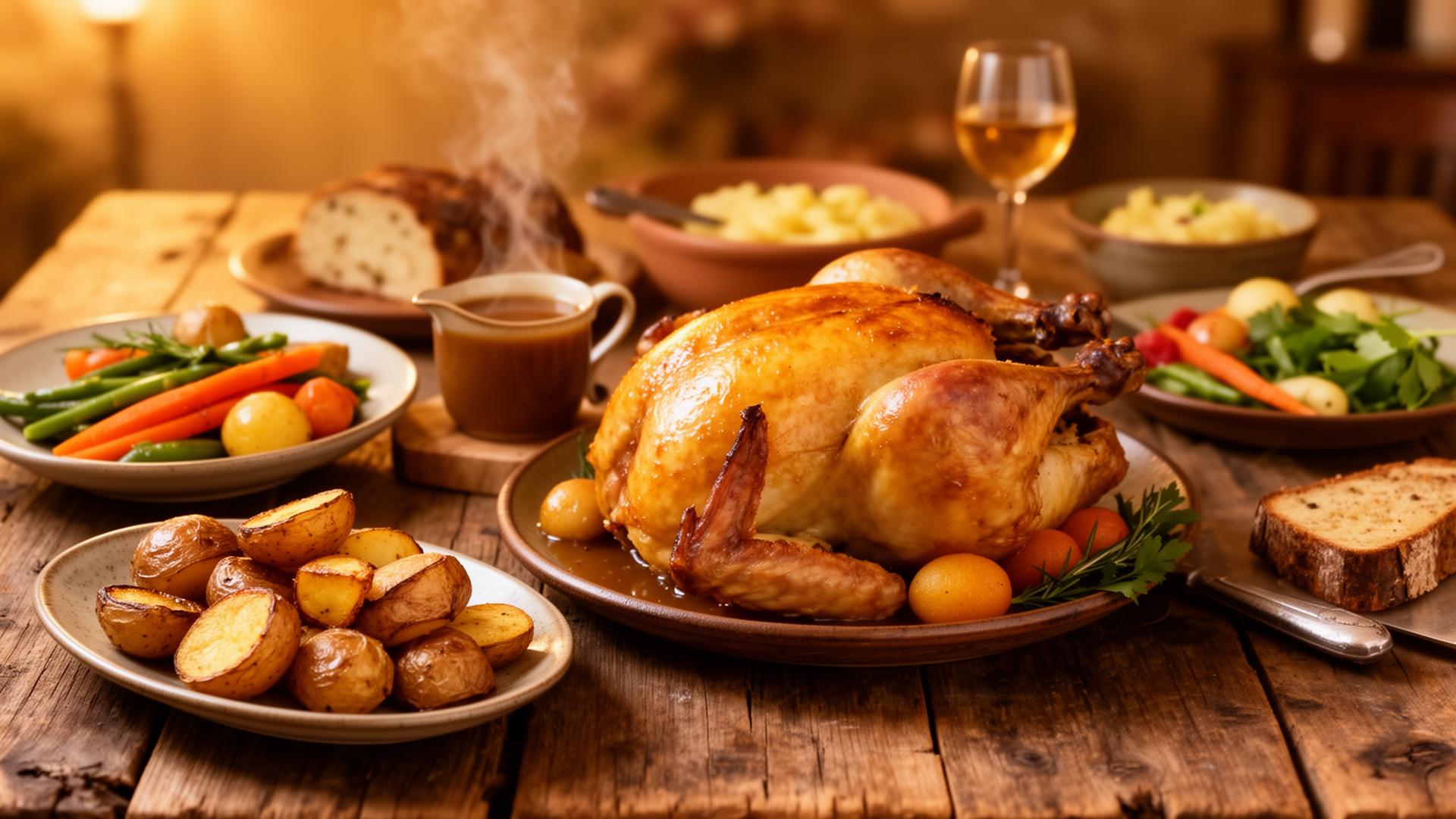 A warm Sunday roast dinner spread on a rustic table